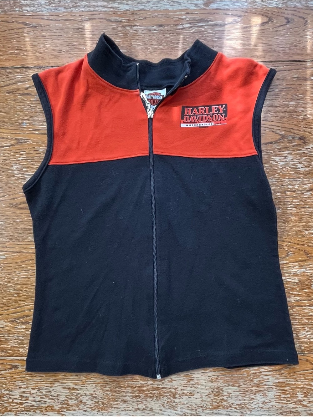 Harley-Davidson two-tone black and orange sleeveless zip-front vest Size Lg
